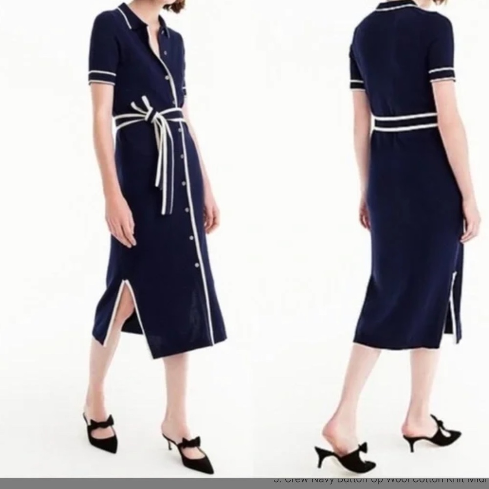 J. Crew Merino Wool Cotton Navy Button Up Knit Midi Dress (size xs) - Picture 2 of 6